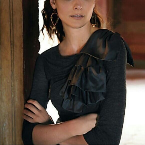 Anthropologie Vintage Deletta Volante Top Ruffle Satin Bow Knit Blouse Y2K small - Picture 2 of 11